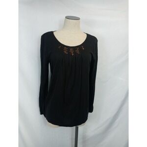 Covington Sport Top Size M Black Beaded Neckline Long Sleeve Pleated Knit Tee